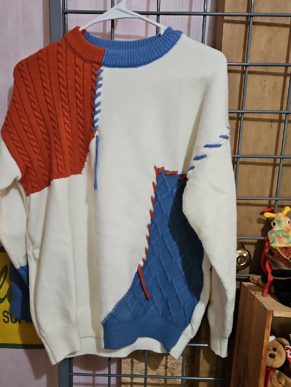 Colorblock Cable-Knit Crewneck Sweater - Cream, Blue & Orange